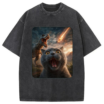 Personality fashion Cat Selfie with T-Rex Dinosaur Washed T-Shirt