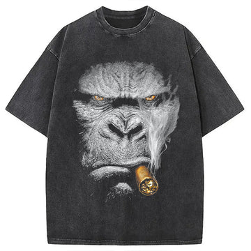 Personality fashion Smoking Gorilla Washed T-Shirt
