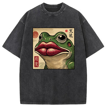 Personality fashion Funny Japanese Ukiyo-e Frog Washed T-Shirt