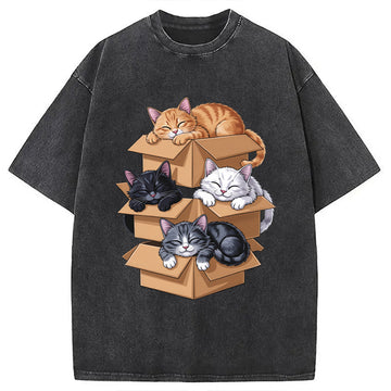 Personality fashion Kawaii Cardboard Cat Washed T-Shirt