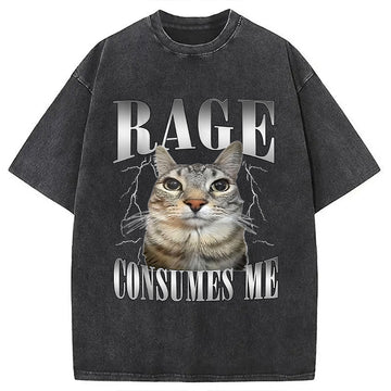 Personality fashion Rage Consumes Me Funny Cat Washed T-Shirt