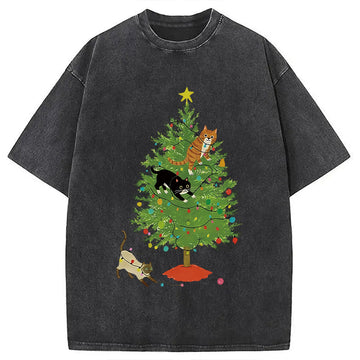 Personality fashion Cats Playing On The Christmas Tree Washed T-Shirt