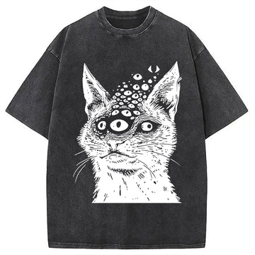Personality fashion Weirdcore Cat Washed T-Shirt