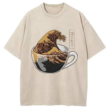 Personality fashion Coffee Wave Washed T-Shirt