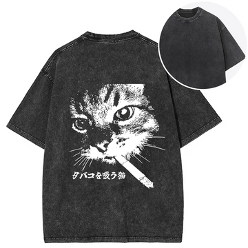Personality fashion Retro Cat Smoking Back Washed T-Shirt