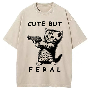Personality fashion Ferocious Cat Washed T-Shirt