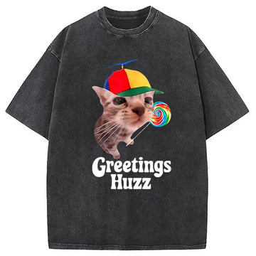 Personality fashion Funny Lollipop Cat Meme Washed T-Shirt