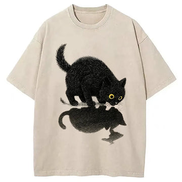 Personality fashion Cat Drinking Water Washed T-Shirt