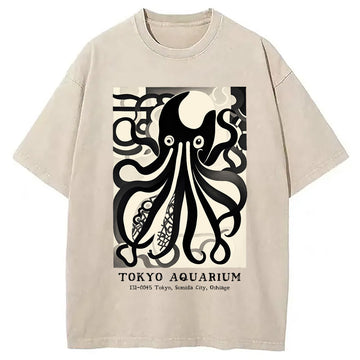 Personality fashion japanese Aquarium Octopus Washed T-Shirt