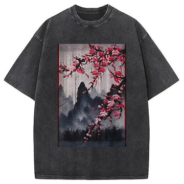Personality fashion Cherry Blossom Woodblock Japanese Washed T-Shirt