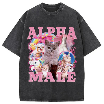 Personality fashion Alpha Male Cats Meme Washed T-Shirt