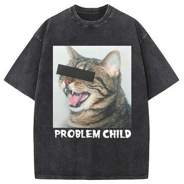 Personality fashion Problem Child Cat Washed T-Shirt