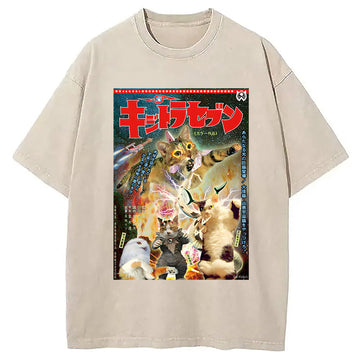 Personality fashion Imaginary Science Cat Washed T-Shirt