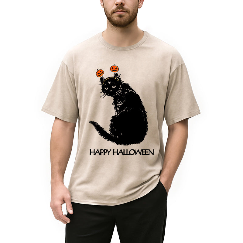 Personality fashion Halloween Cat Japanese Washed T-Shirt