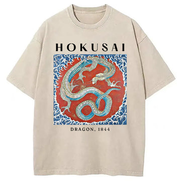 Personality fashion Hokusai Japanese Dragon Washed T-Shirt