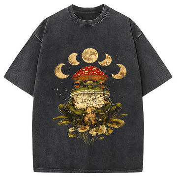 Personality fashion Weird Frog Mushrooms 90s Vintage Washed T-Shirt