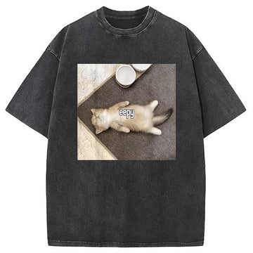 Personality fashion Eepy Funny Cat Meme Washed T-Shirt