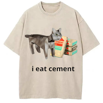 Personality fashion I Eat Cement Cursed Cat Funny Washed T-Shirt