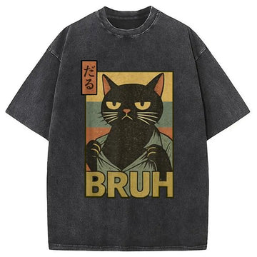 Personality fashion Funny Cat Bruh Washed T-Shirt