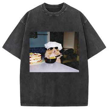 Personality fashion Vintage Chef Hamster Cooking Meme Washed T-Shirt