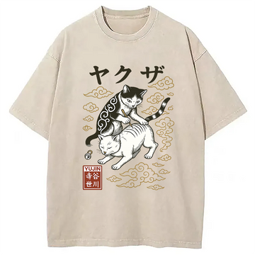 Personality fashion Tattoo Cat Washed T-Shirt