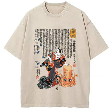 Personality fashion Japanese Cat and Octopus Art Washed T-Shirt