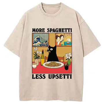Personality fashion Cat Eating Pasta Washed T-Shirt