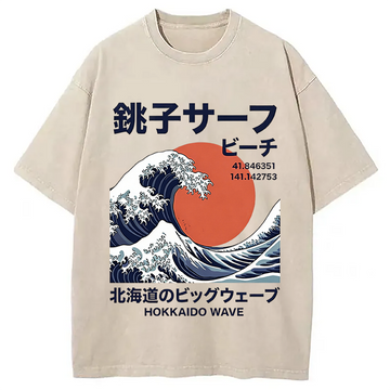Personality fashion Hokkaido Wave Poster Washed T-Shirt