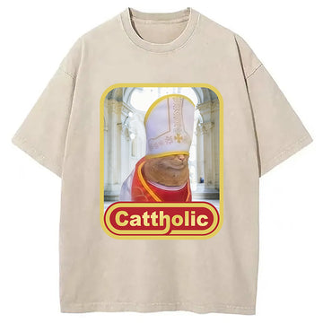 Personality fashion Cattholic Cat Funny Washed T-Shirt