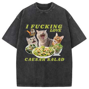 Personality fashion I Fucking Love Caesar Salad Cat Meme Washed T-Shirt