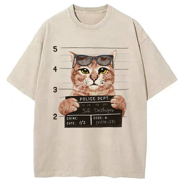 Personality fashion Cat Holding Mugshot Arrested Washed T-Shirt