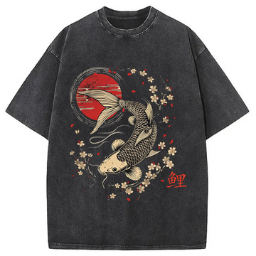 Personality fashion Kersenbloesem Koi Karper Washed T-Shirt