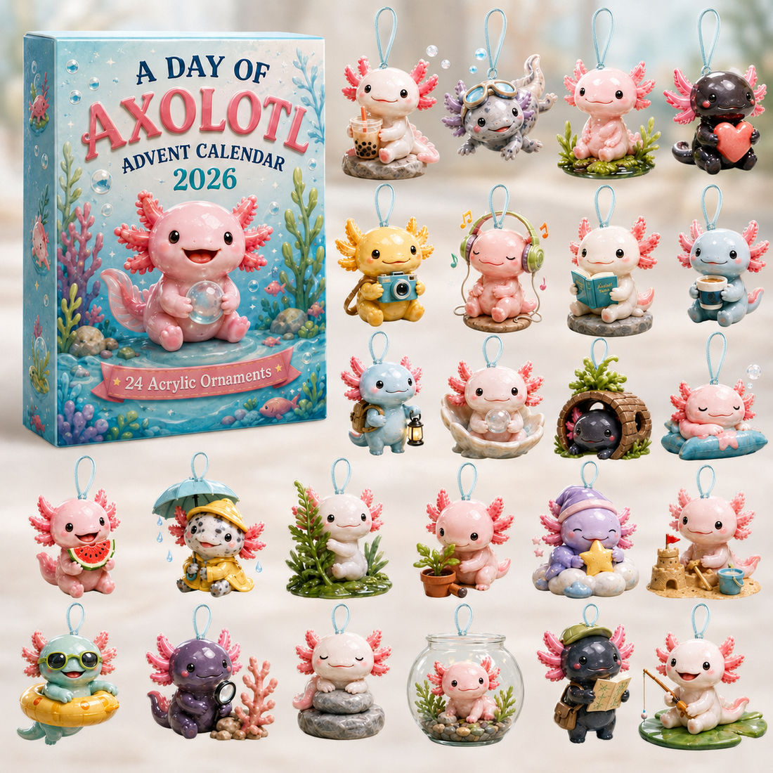 A Day Of Axolotl Advent Calendar 2026 24 Day Festive Countdown Acrylic Charms Blind Box Gift For Axolotl Lovers