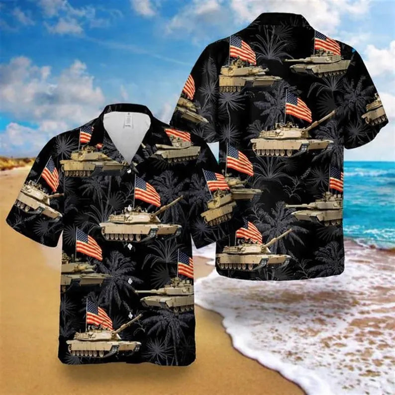 Abrams Tank Hawaiian Shirt, Patriotic American Flag Military Summer Top