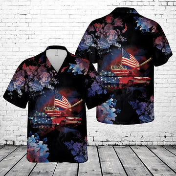 Abrams Tank Hawaiian Shirt, Patriotic Floral Print Men's Button-Up