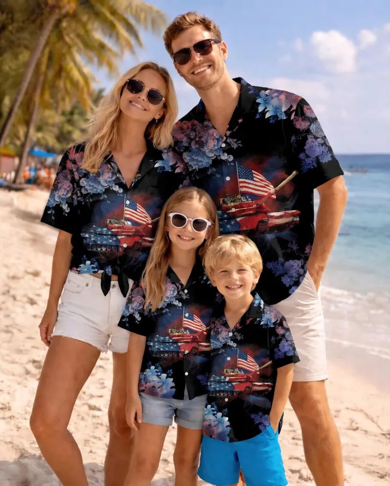 Abrams Tank Hawaiian Shirt, Patriotic Floral Print Men's Button-Up