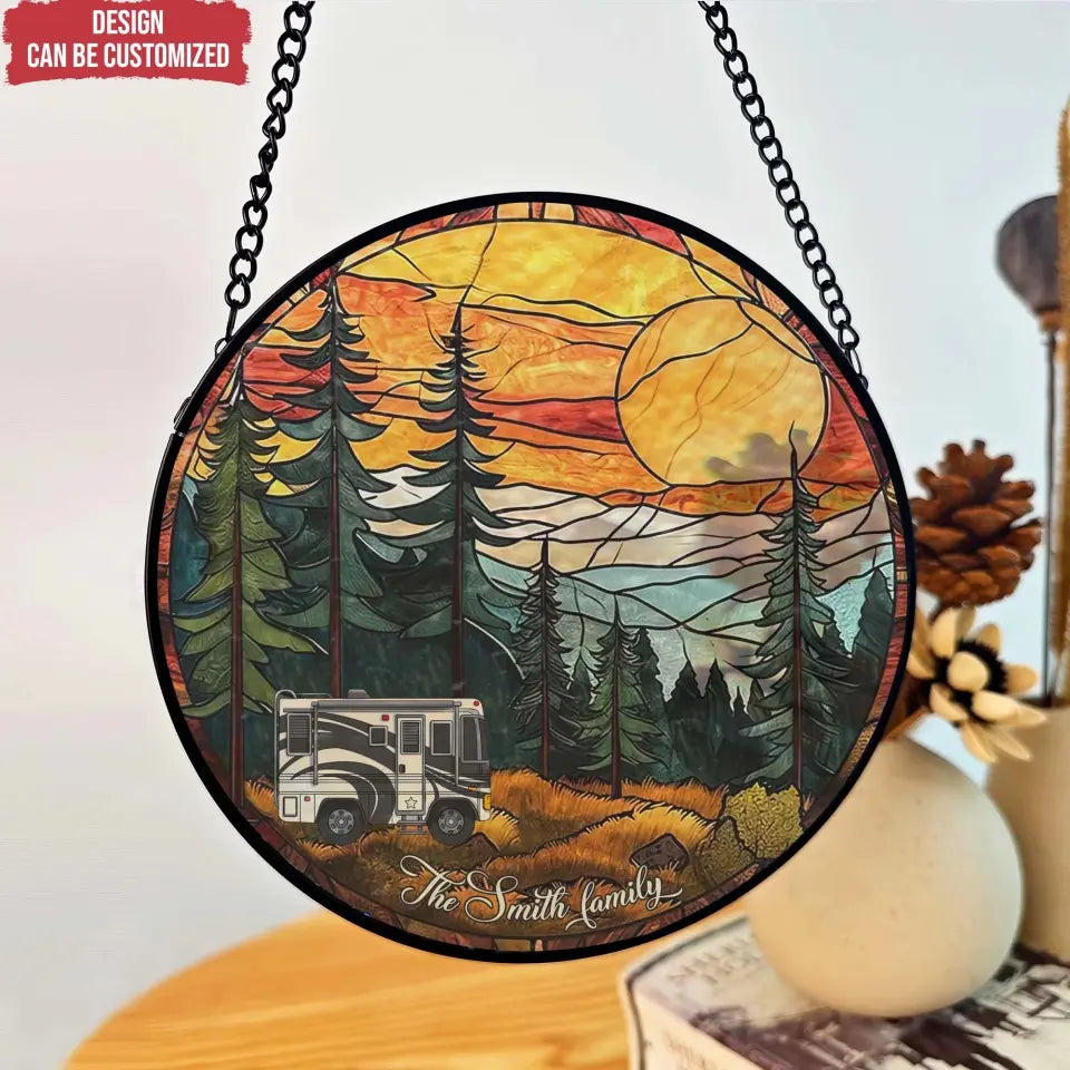 Adventure Awaits Camping Mountain Personalized Window Stained Glass Camping Gift