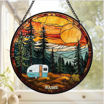 Adventure Awaits Camping Mountain Personalized Window Stained Glass Camping Gift