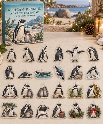 African Penguin advent calendar with 24 custom-shaped flat acrylic charms and printed dimensional artwork 2026 - 24-Day Countdown, Acrylic Charms