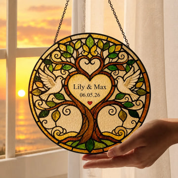 Always Forever Personalized Window Suncatcher Custom Wedding Tree Stained Glass Suncatcher Personalized Family Tree Of Life Hanging Love Birds Wedding Gift For Bride Groom Anniversary