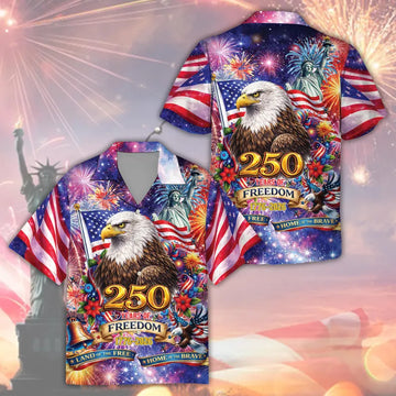 America 250 4th Of July Hawaiian Shirt, USA Eagle Fireworks Button Up Shirt, Red White & Blue Patriotic Shirt, Independence Day Outfit