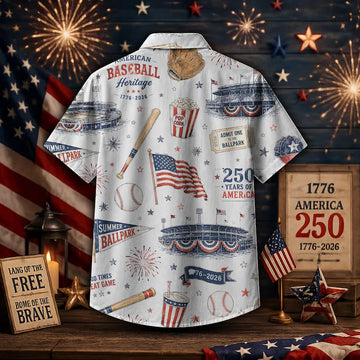 America 250 Baseball Hawaiian Shirt, Patriotic Ballpark Button Down Shirt, Vintage USA Summer Game Day Aloha Top