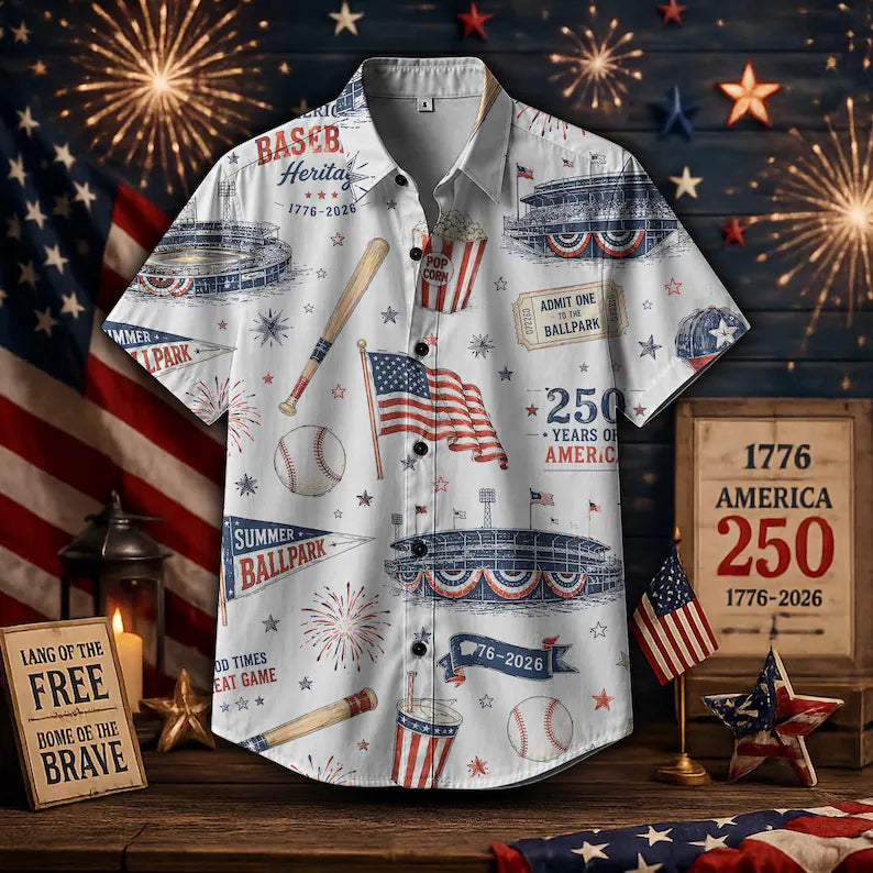 America 250 Baseball Hawaiian Shirt, Patriotic Ballpark Button Down Shirt, Vintage USA Summer Game Day Aloha Top