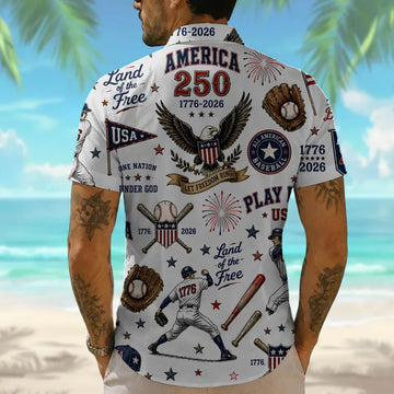 America 250 Baseball Hawaiian Shirt, Patriotic USA Aloha Shirt, Vintage Baseball Button Down Summer Shirt USA