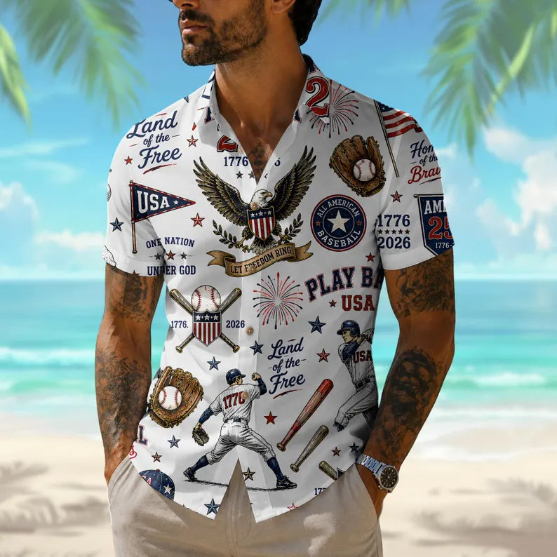 America 250 Baseball Hawaiian Shirt, Patriotic USA Aloha Shirt, Vintage Baseball Button Down Summer Shirt USA
