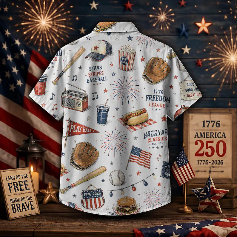 America 250 Baseball Hawaiian Shirt, Stars & Stripes Baseball Hawaiian Shirt – Patriotic Americana Summer Button Up, Vintage USA BBQ Summer