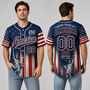 America 250 Baseball Jersey, Custom Name Patriotic Jersey, USA 1776 2026 Anniversary Shirt, Statue of Liberty American Flag Jersey Gift-1