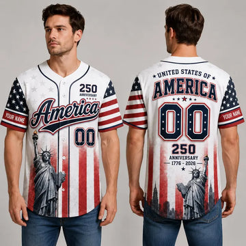 America 250 Baseball Jersey, Custom Name Patriotic Jersey, USA 1776 2026 Anniversary Shirt, Statue of Liberty American Flag Jersey Gift