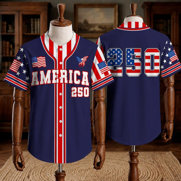 America 250 Baseball Jersey, USA Patriotic Button Up Shirt, Red White Blue Baseball Uniform, Independence Day Gift, USA Fan Jersey-1