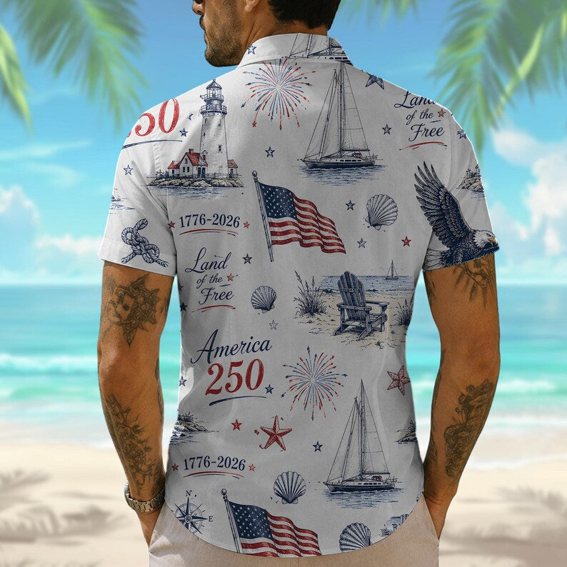 America 250 Coastal Hawaiian Shirt, Patriotic Beach Button Up Shirt, 1776-2026 USA Freedom Summer Shirt, Nautical Americana Vacation Shirt